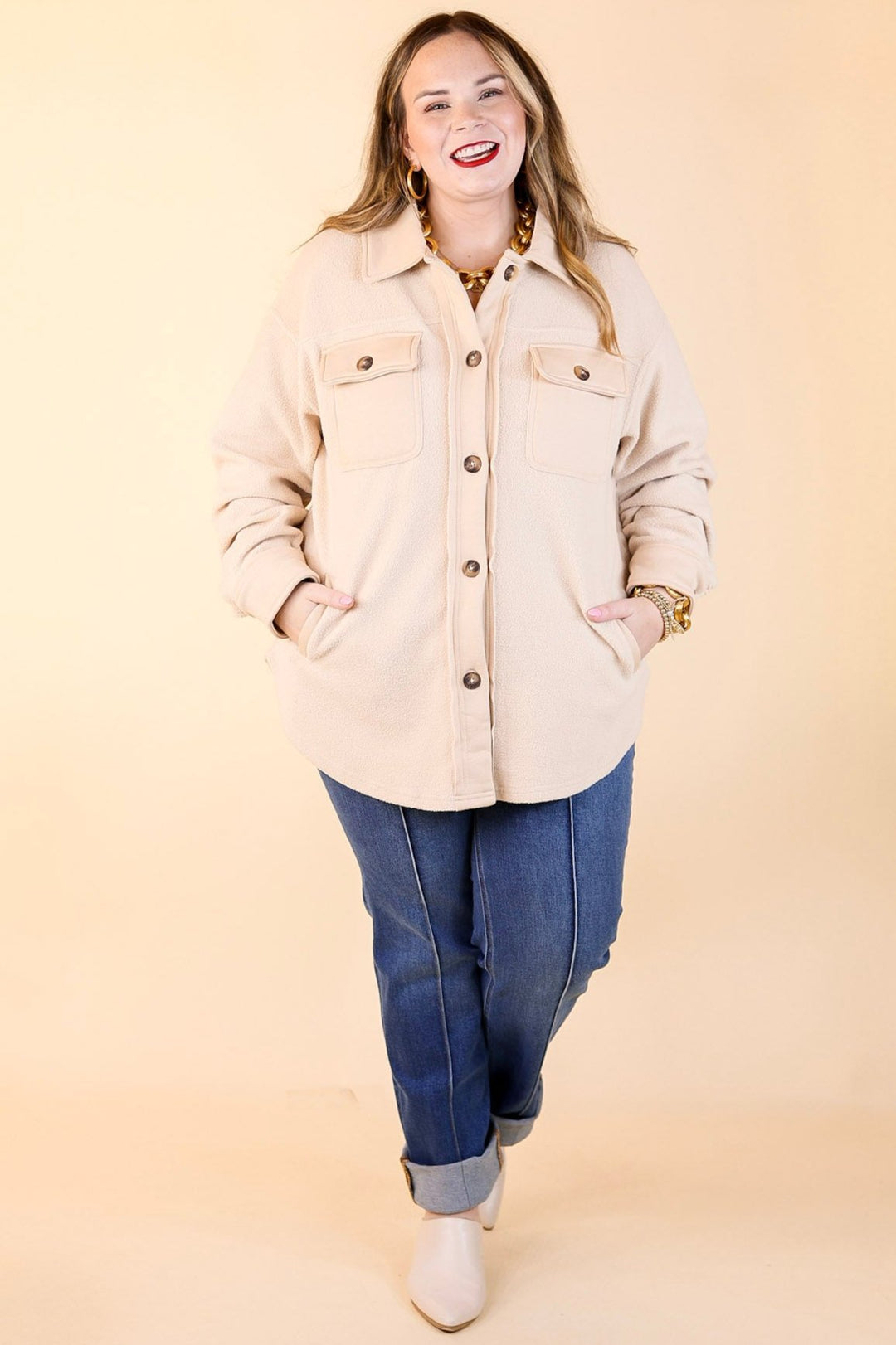 Last Chance Size 1XL. 2XL, 3XL | Hollywood Hike Button Up Fleece Jacket with Pockets in Cream