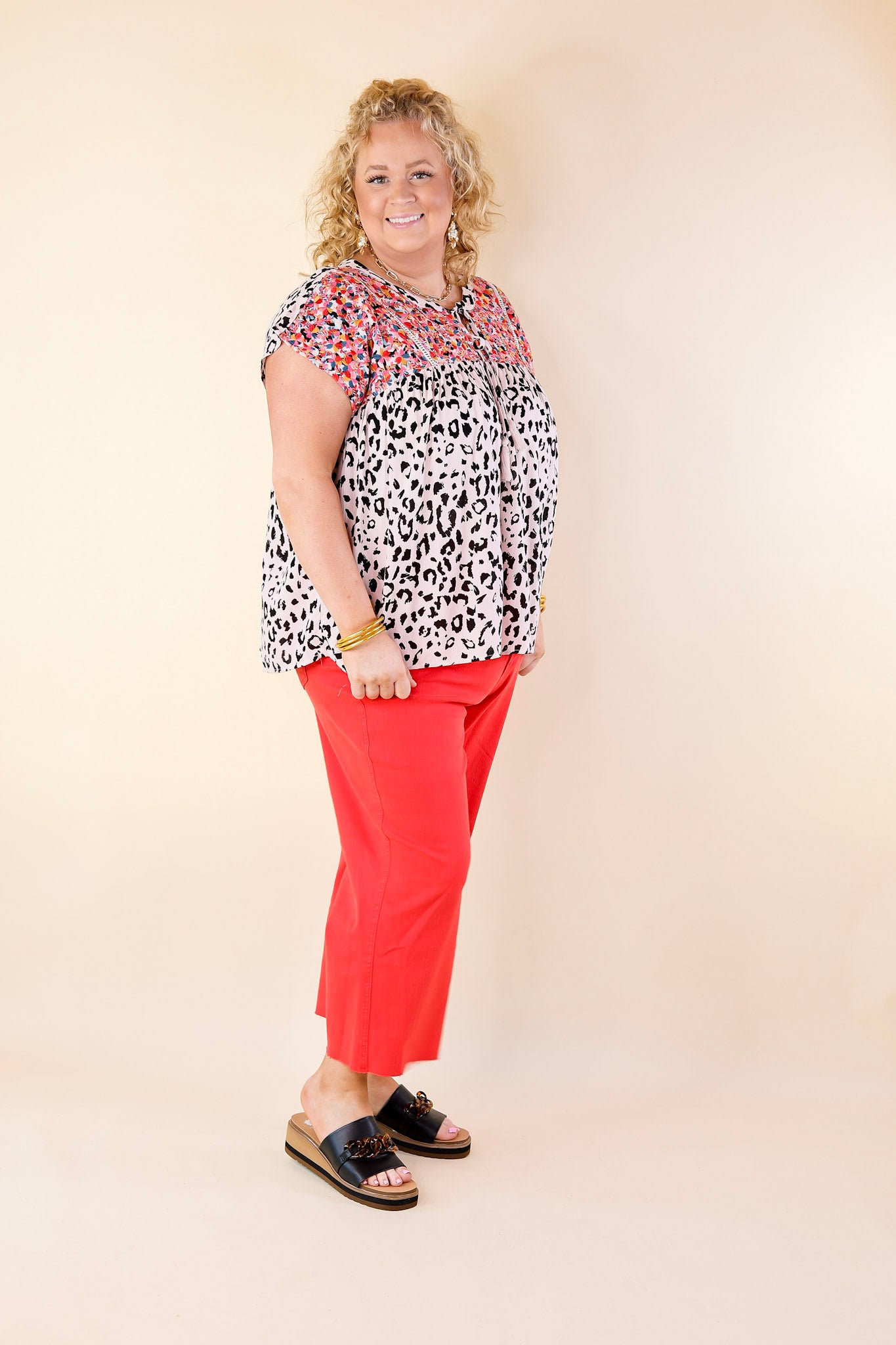 Fredericksburg In the Spring Leopard Print Embroidered Top with Front Keyhole in Blush Pink - Giddy Up Glamour Boutique