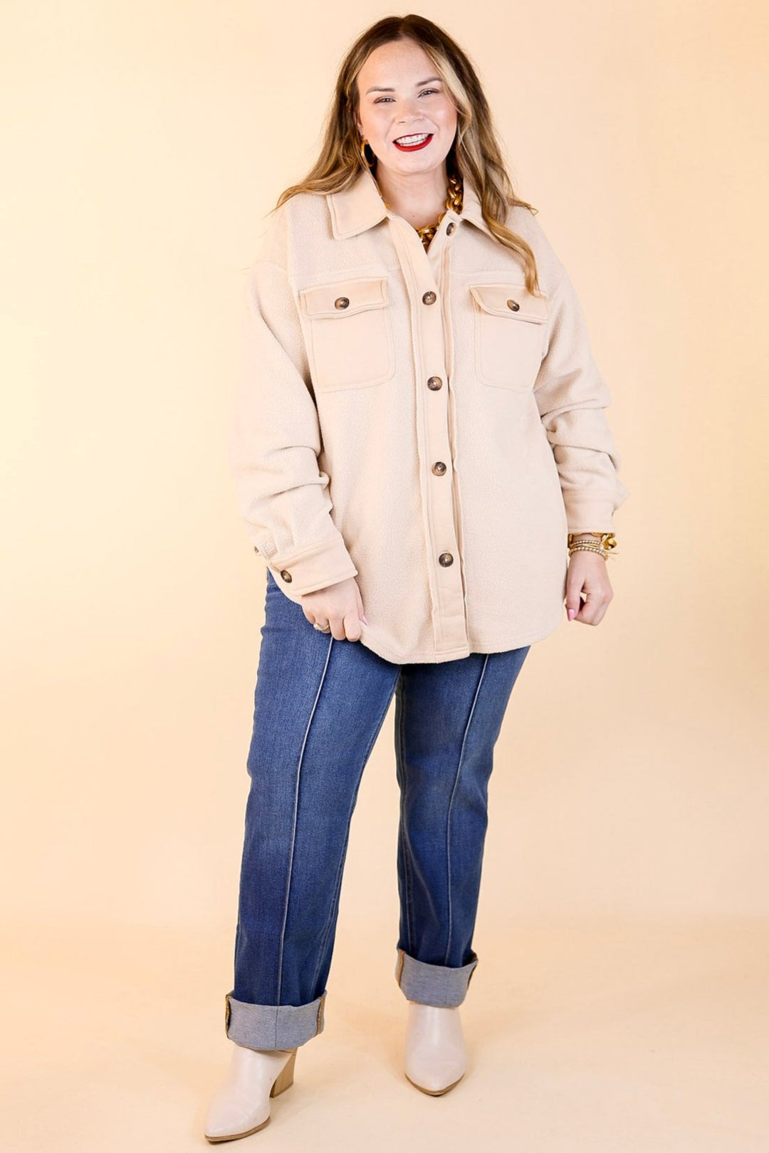 Last Chance Size 1XL. 2XL, 3XL | Hollywood Hike Button Up Fleece Jacket with Pockets in Cream