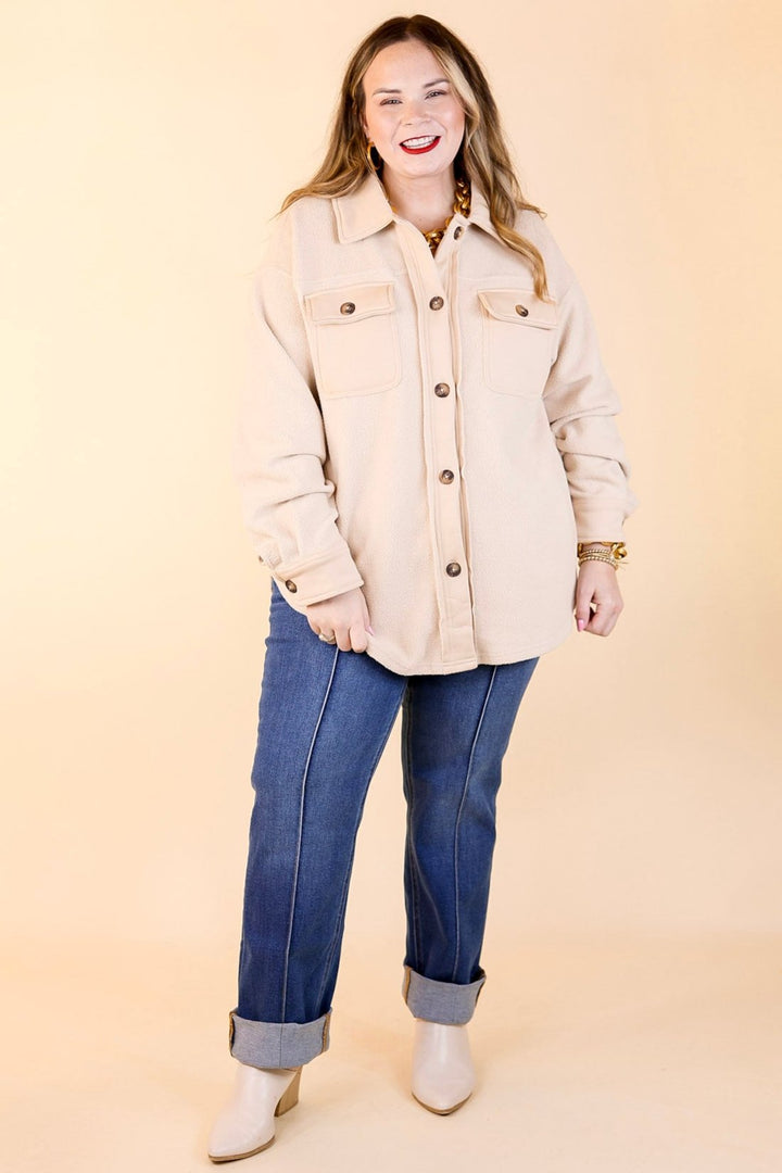 Last Chance Size 1XL. 2XL, 3XL | Hollywood Hike Button Up Fleece Jacket with Pockets in Cream