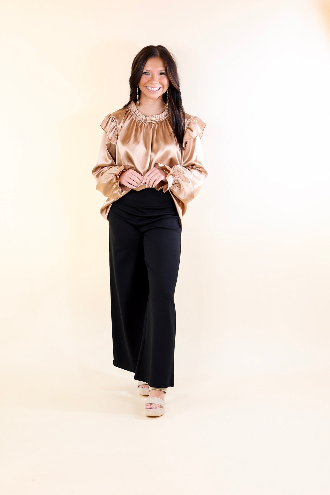 Can't Stop Me Ruffle Mock Neck Long Sleeve Satin Top in Champagne