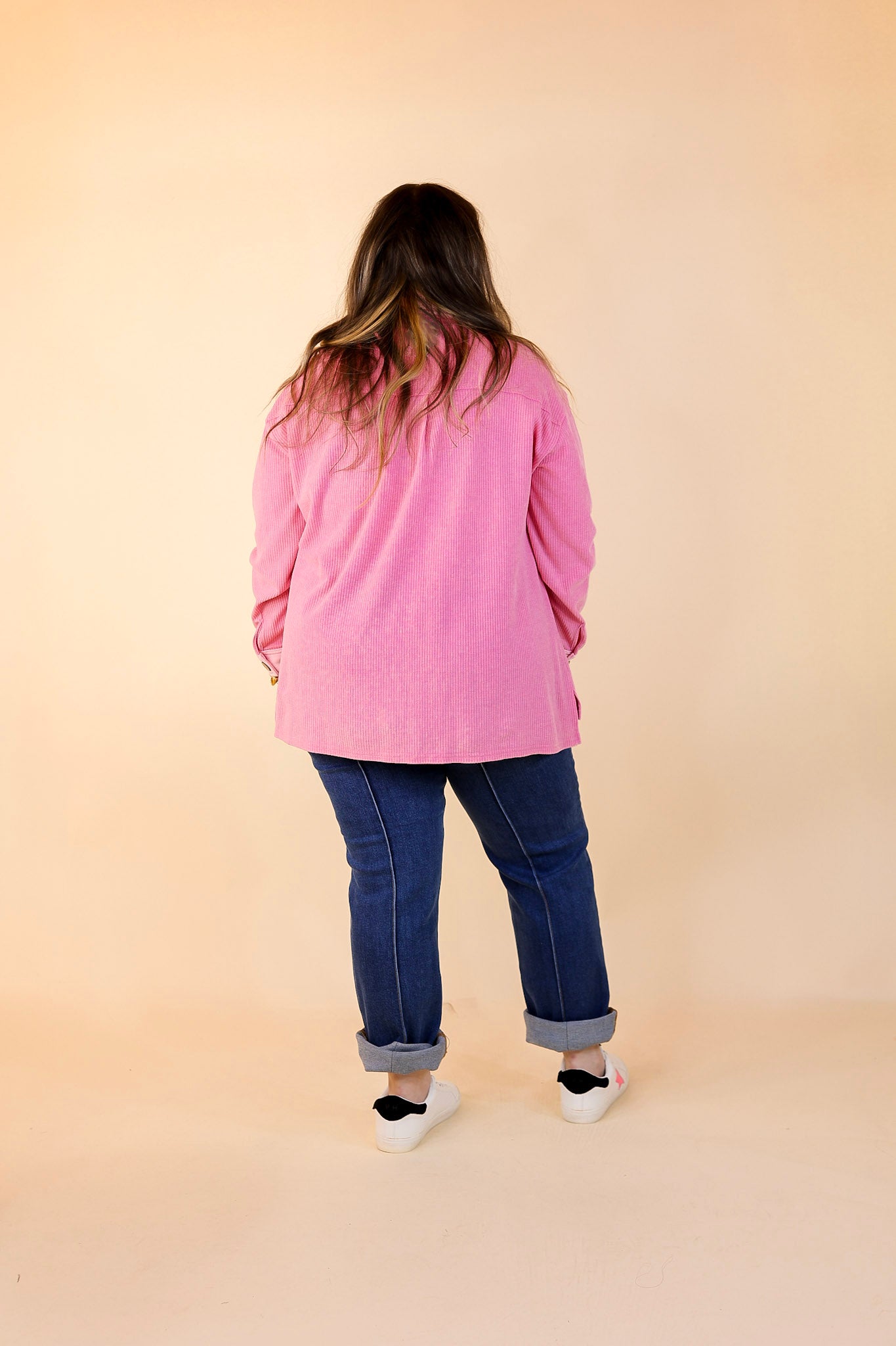 Cozy Welcome Waffle Knit Collared Top with Long Sleeves in Pink