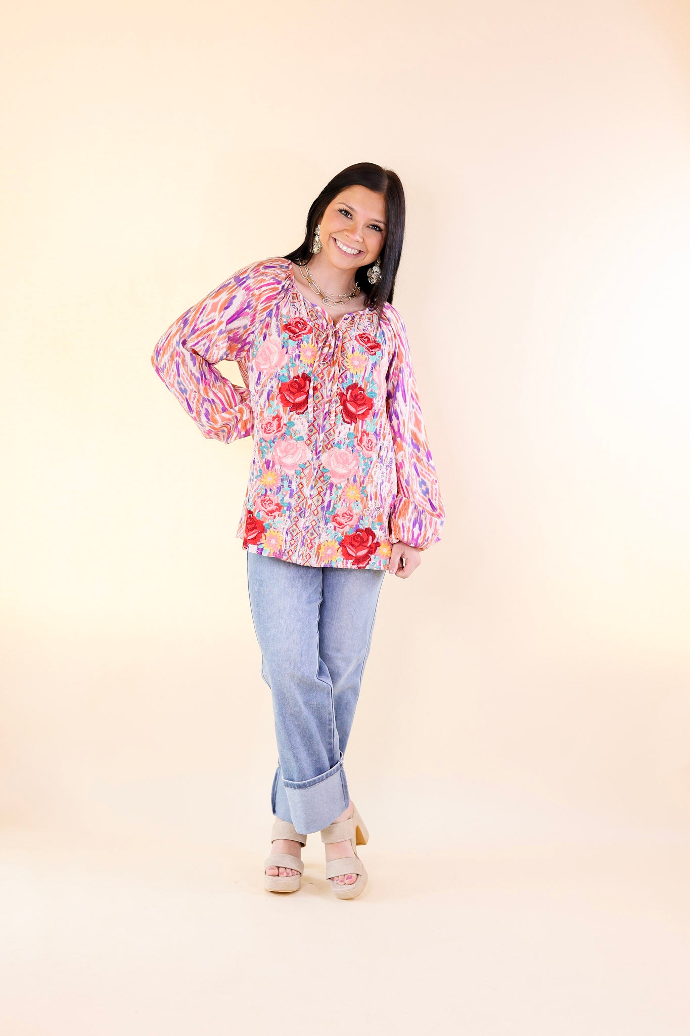 Chic Enchantment Long Sleeve Multi Color Top with Floral Embroidery - Giddy Up Glamour Boutique