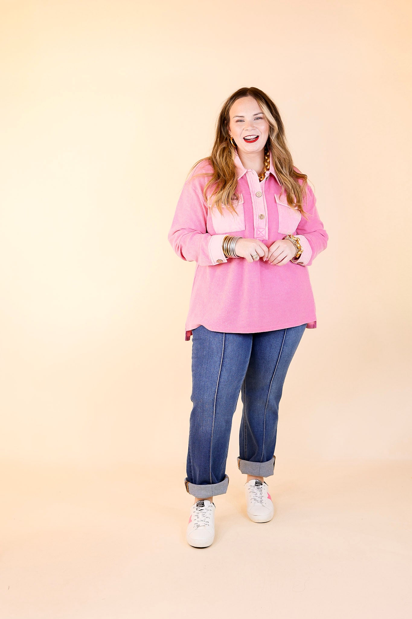 Cozy Welcome Waffle Knit Collared Top with Long Sleeves in Pink