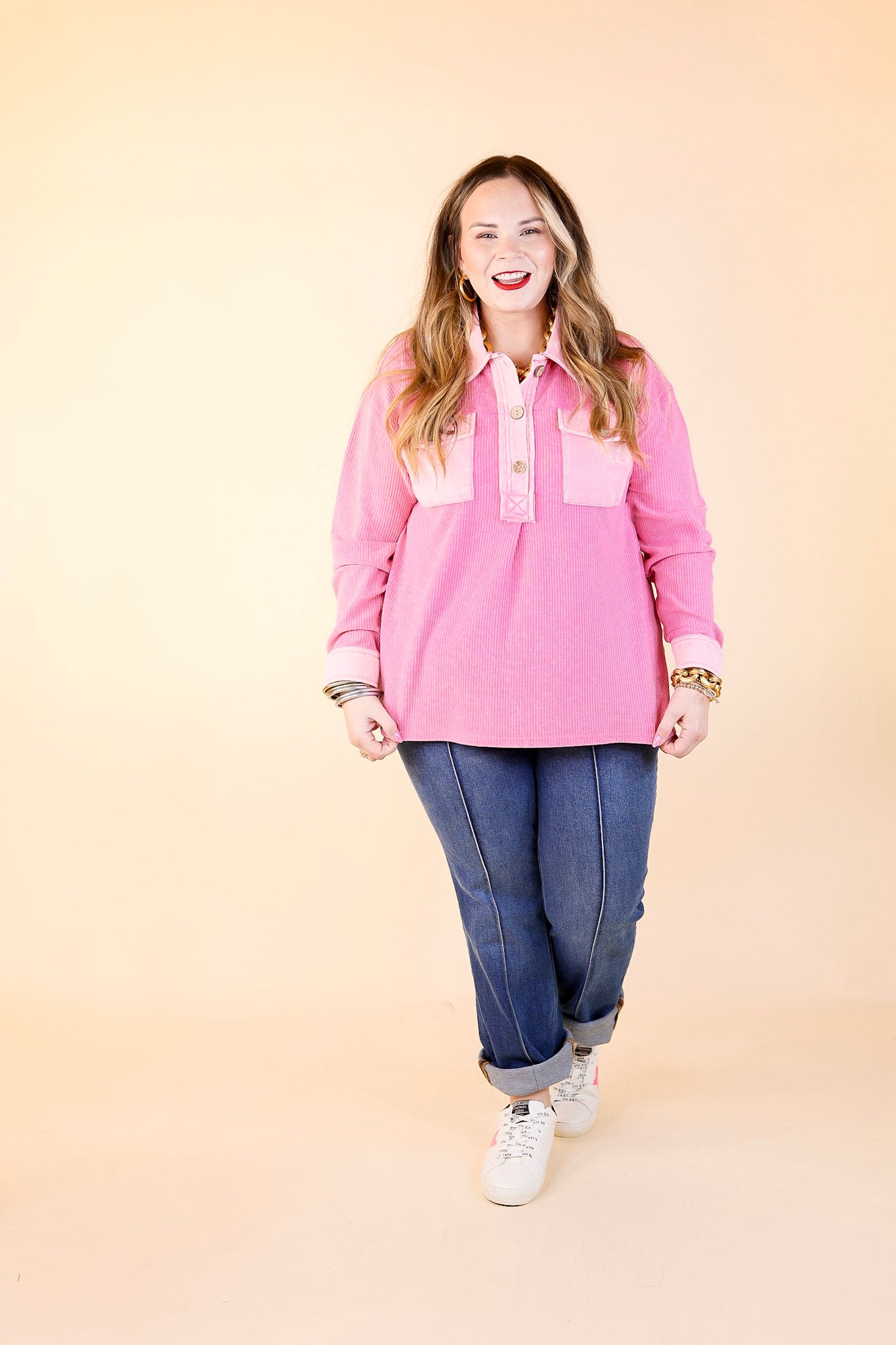 Cozy Welcome Waffle Knit Collared Top with Long Sleeves in Pink