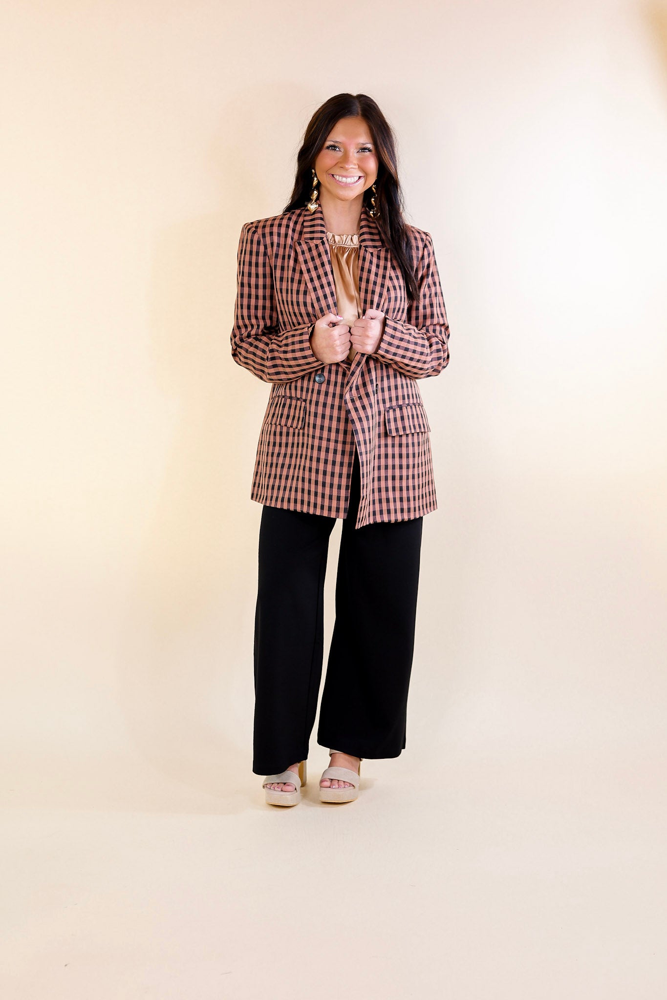 Coffee And Smiles Double Button Plaid Blazer with Long Sleeves in Terracotta Brown and Black