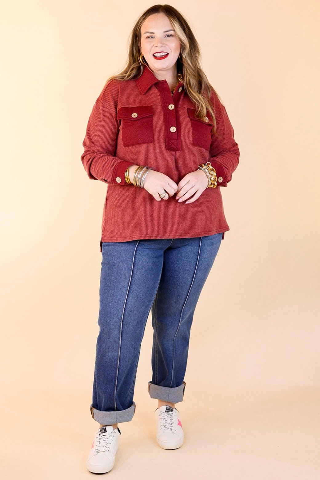 Cozy Welcome Waffle Knit Collared Top with Long Sleeves in Maroon