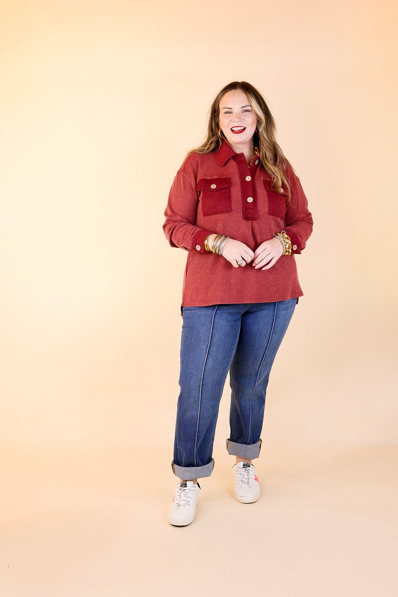 Cozy Welcome Waffle Knit Collared Top with Long Sleeves in Maroon