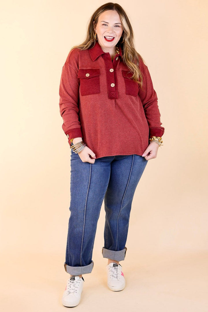 Cozy Welcome Waffle Knit Collared Top with Long Sleeves in Maroon
