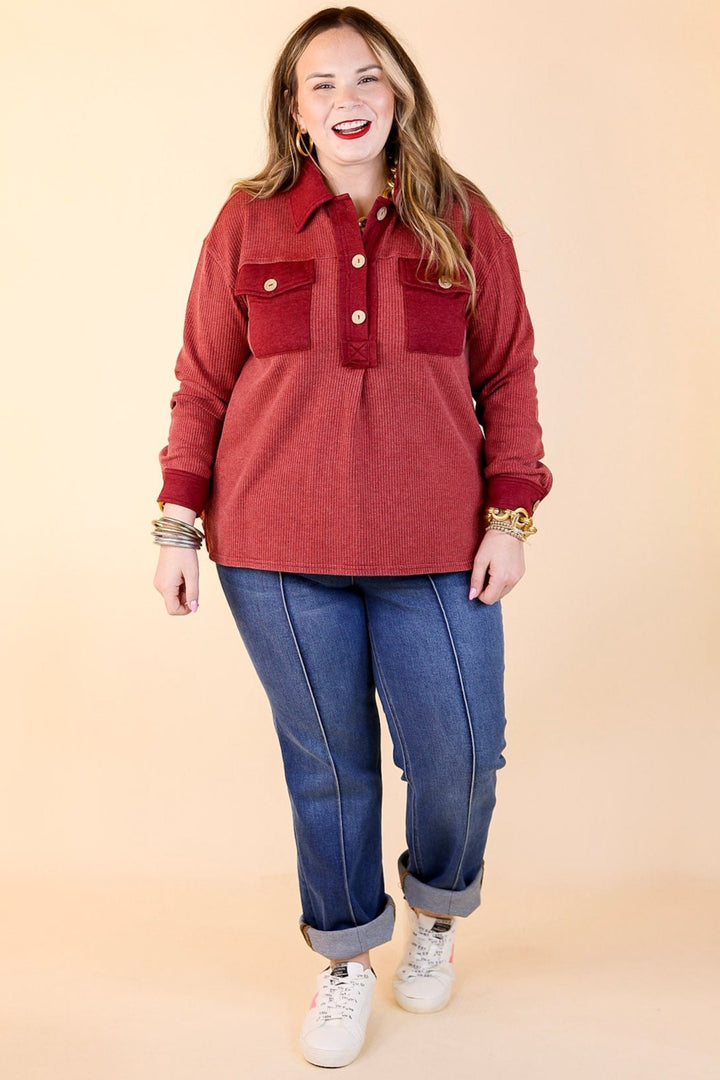 Cozy Welcome Waffle Knit Collared Top with Long Sleeves in Maroon