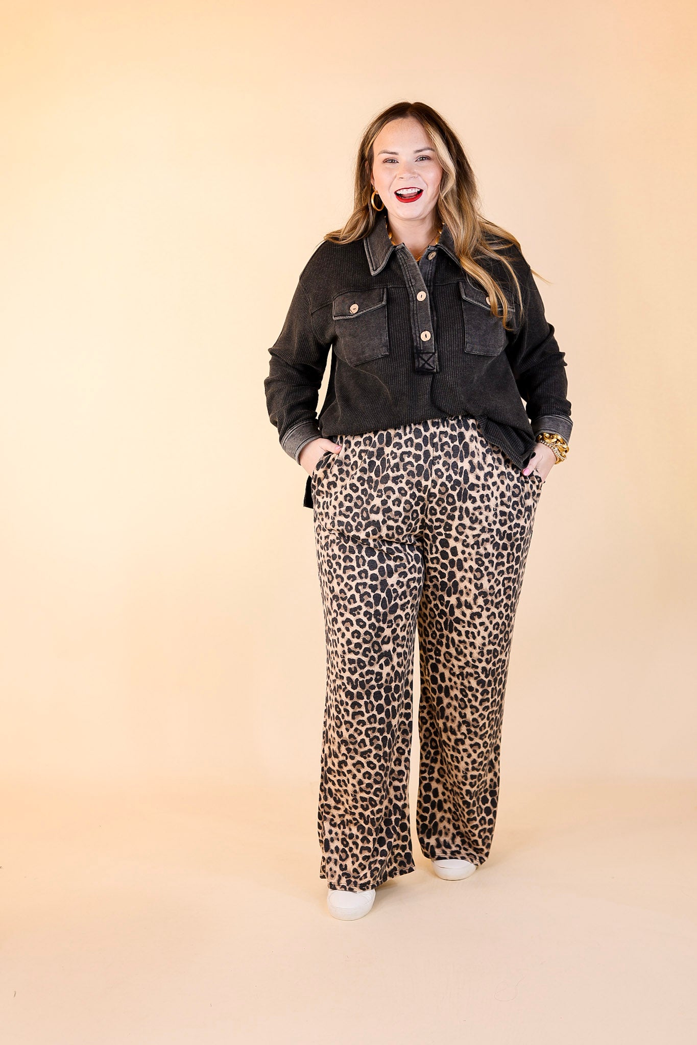 Let's Stay Home Wide Leg Lounge Pants with Pockets in Leopard