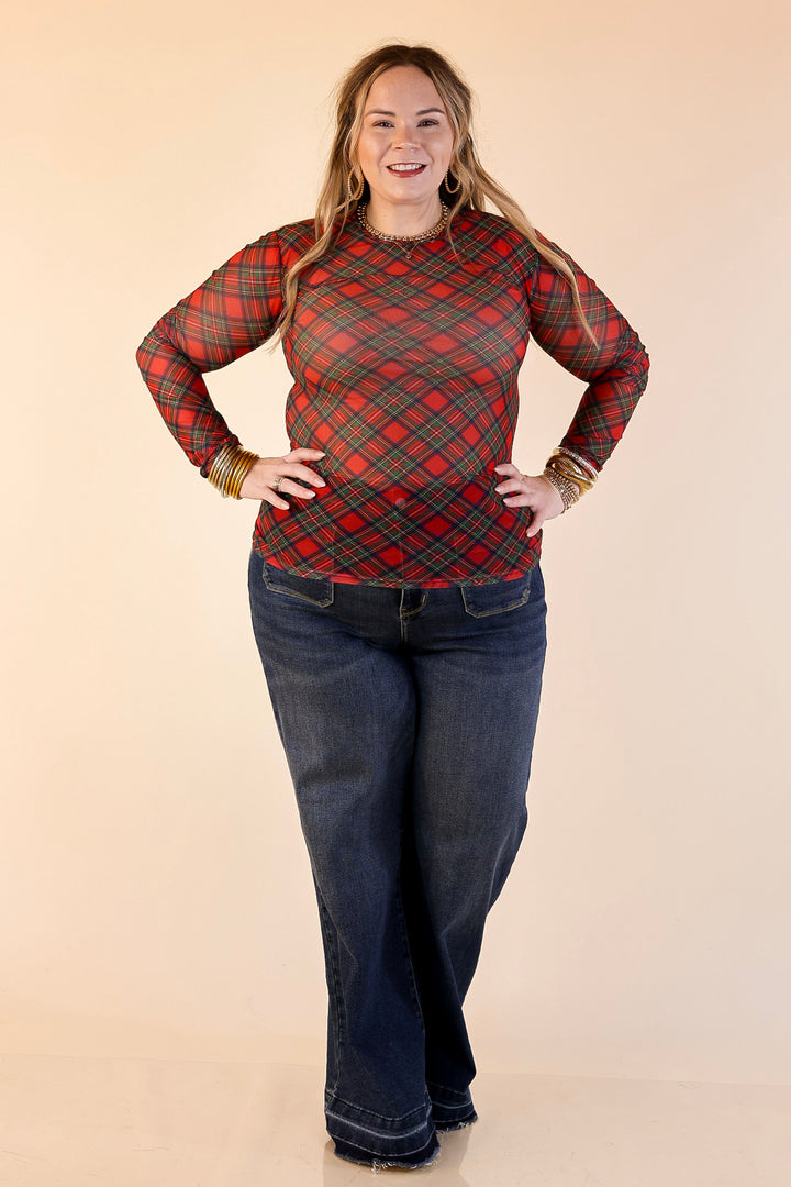 The Perfect Layer Tartan Plaid Print Mesh Long Sleeve Top in Red