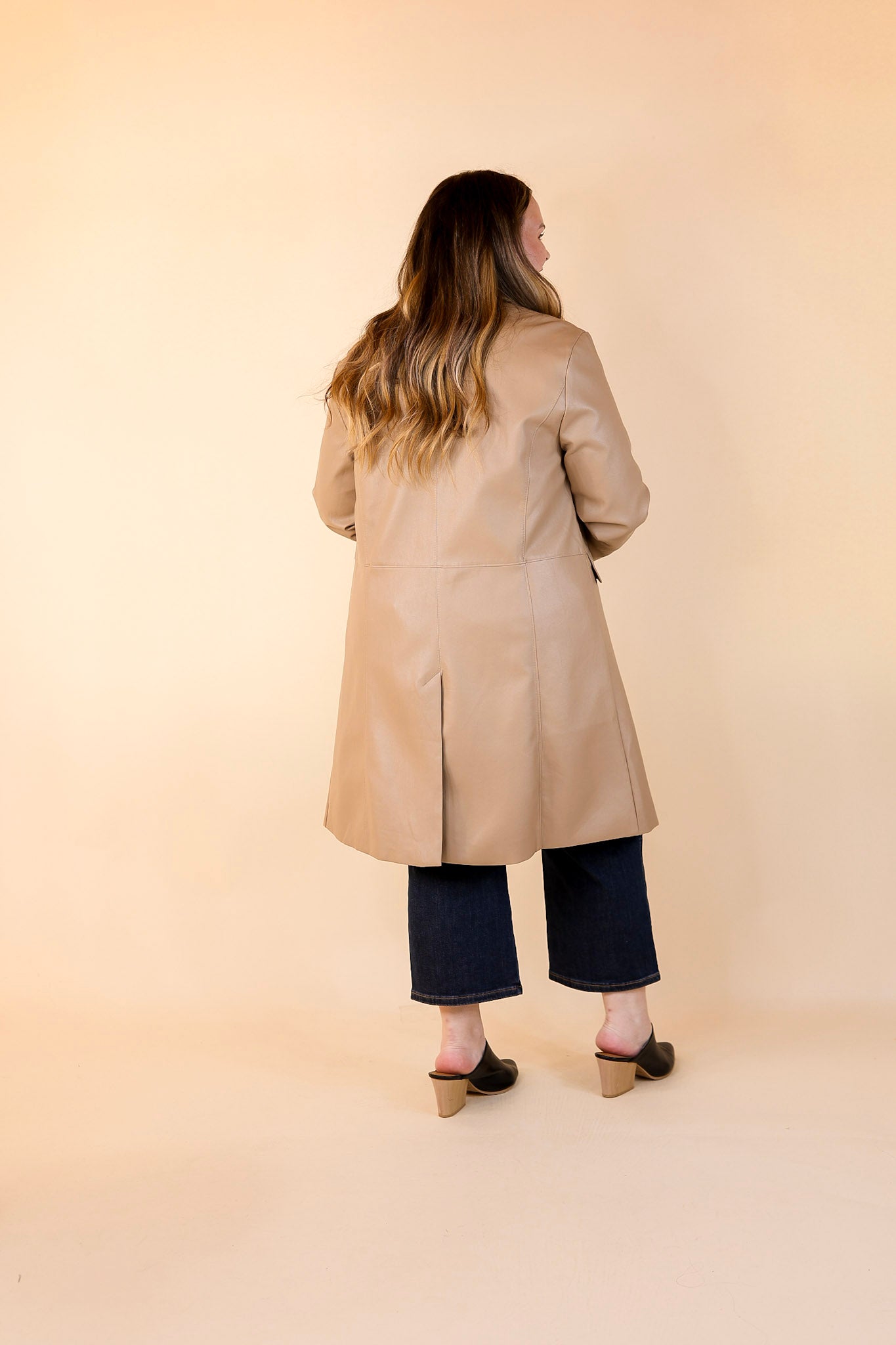 Espresso Run Long Faux Leather Coat with Button Front in Taupe