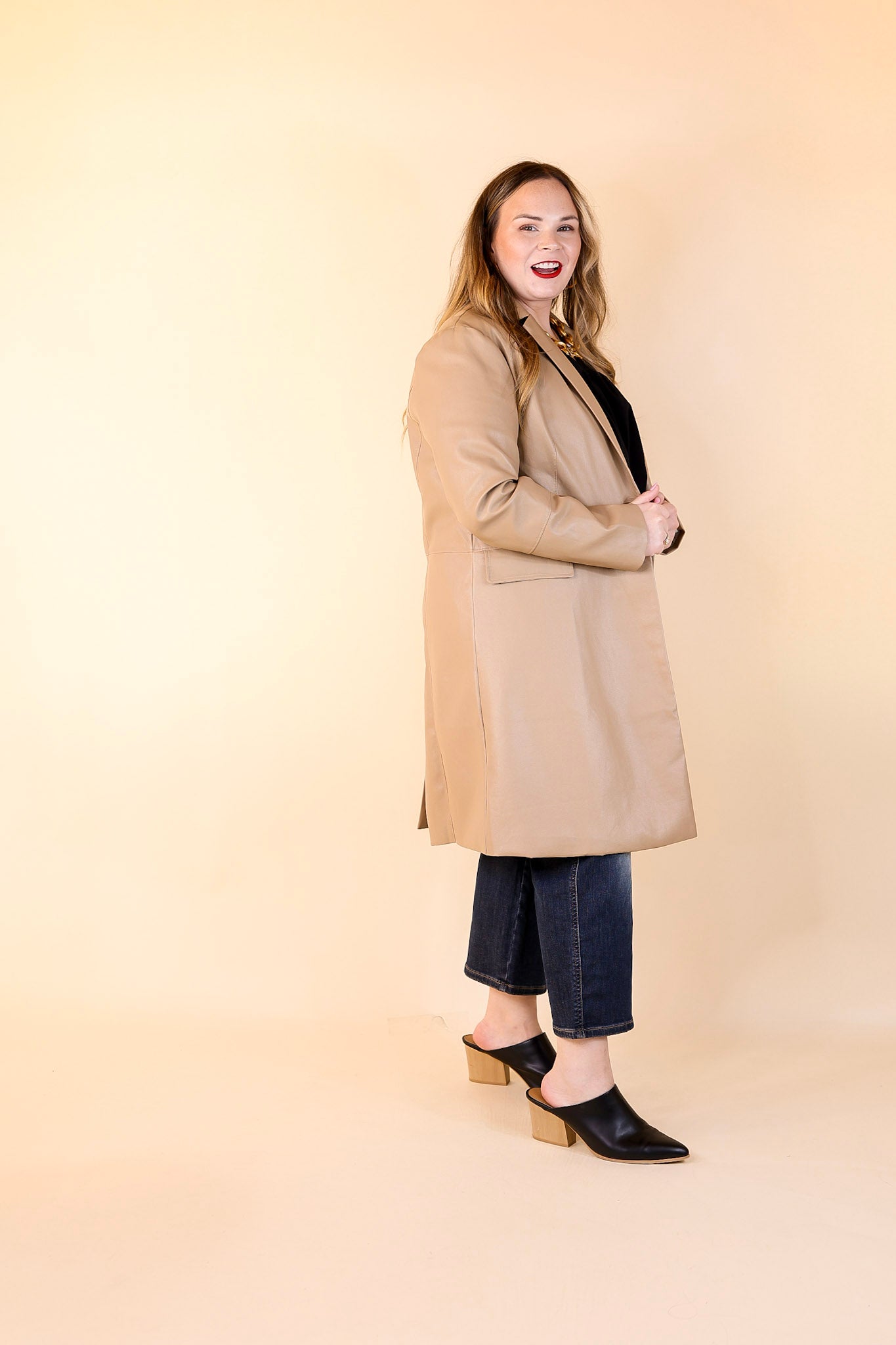 Espresso Run Long Faux Leather Coat with Button Front in Taupe