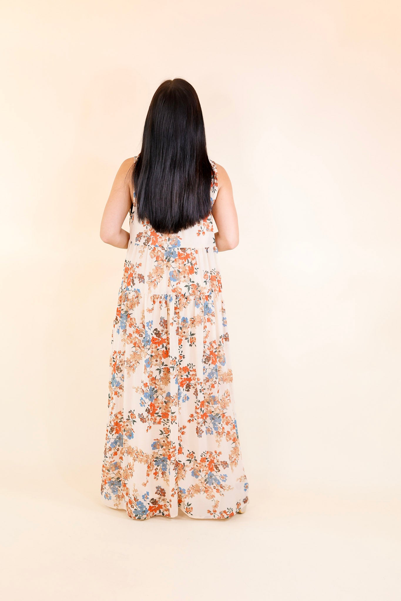 Sharing and Caring Notched Neck Tiered Floral Maxi Dress in Ivory