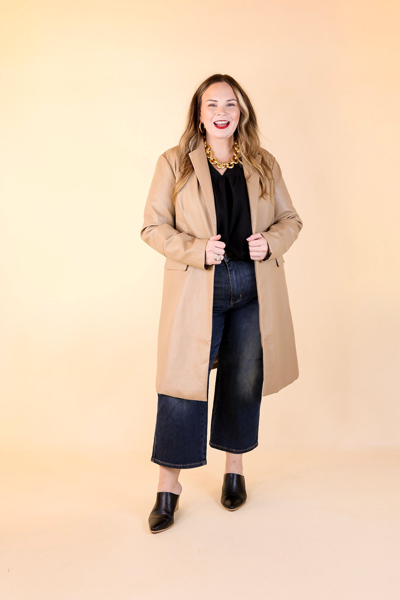 Espresso Run Long Faux Leather Coat with Button Front in Taupe