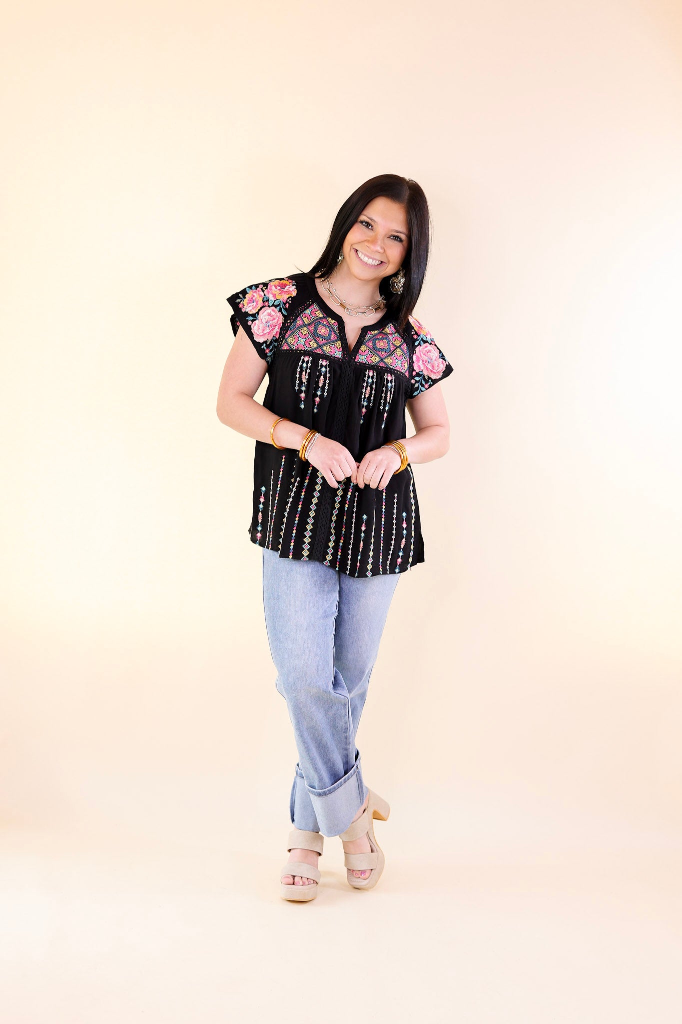 On A Journey Floral Embroidered V Notched Blouse in Black - Giddy Up Glamour Boutique