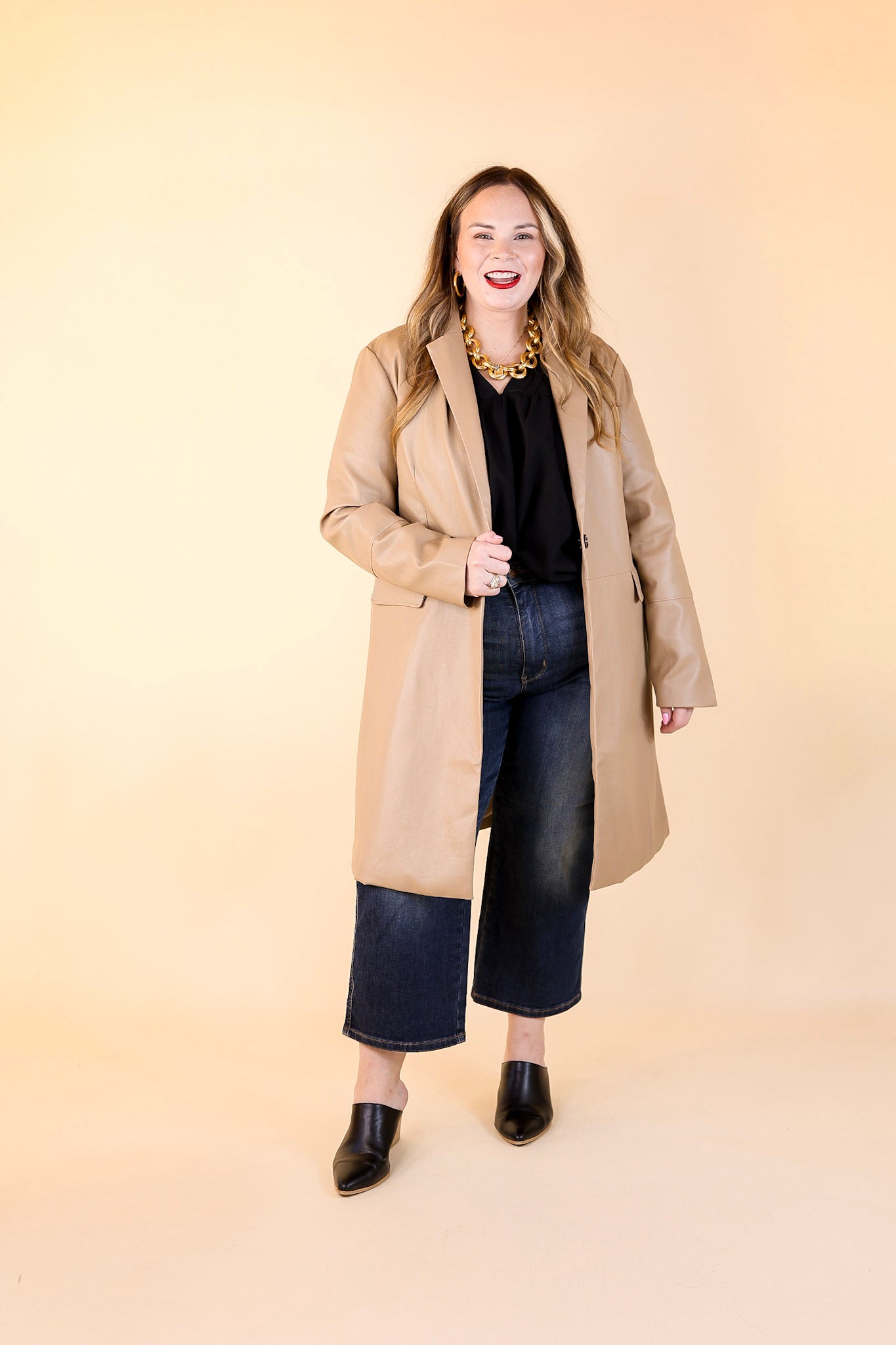 Espresso Run Long Faux Leather Coat with Button Front in Taupe