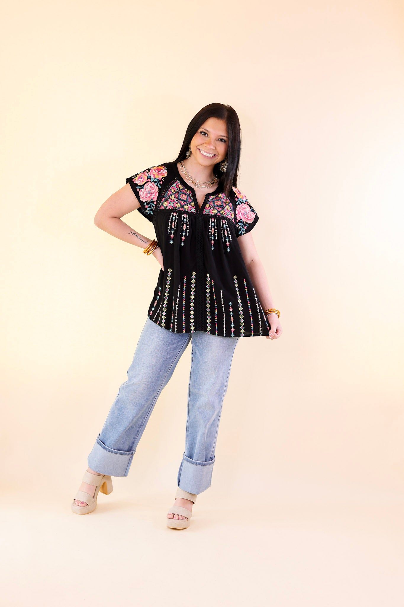 On A Journey Floral Embroidered V Notched Blouse in Black - Giddy Up Glamour Boutique