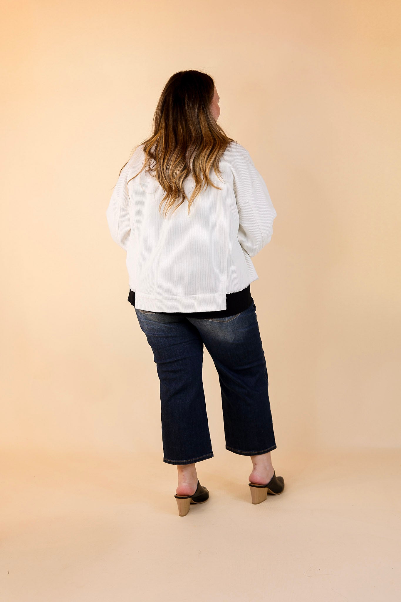 Edgy and Chic Button Up Corduroy Jacket with Raw Hem in Ivory