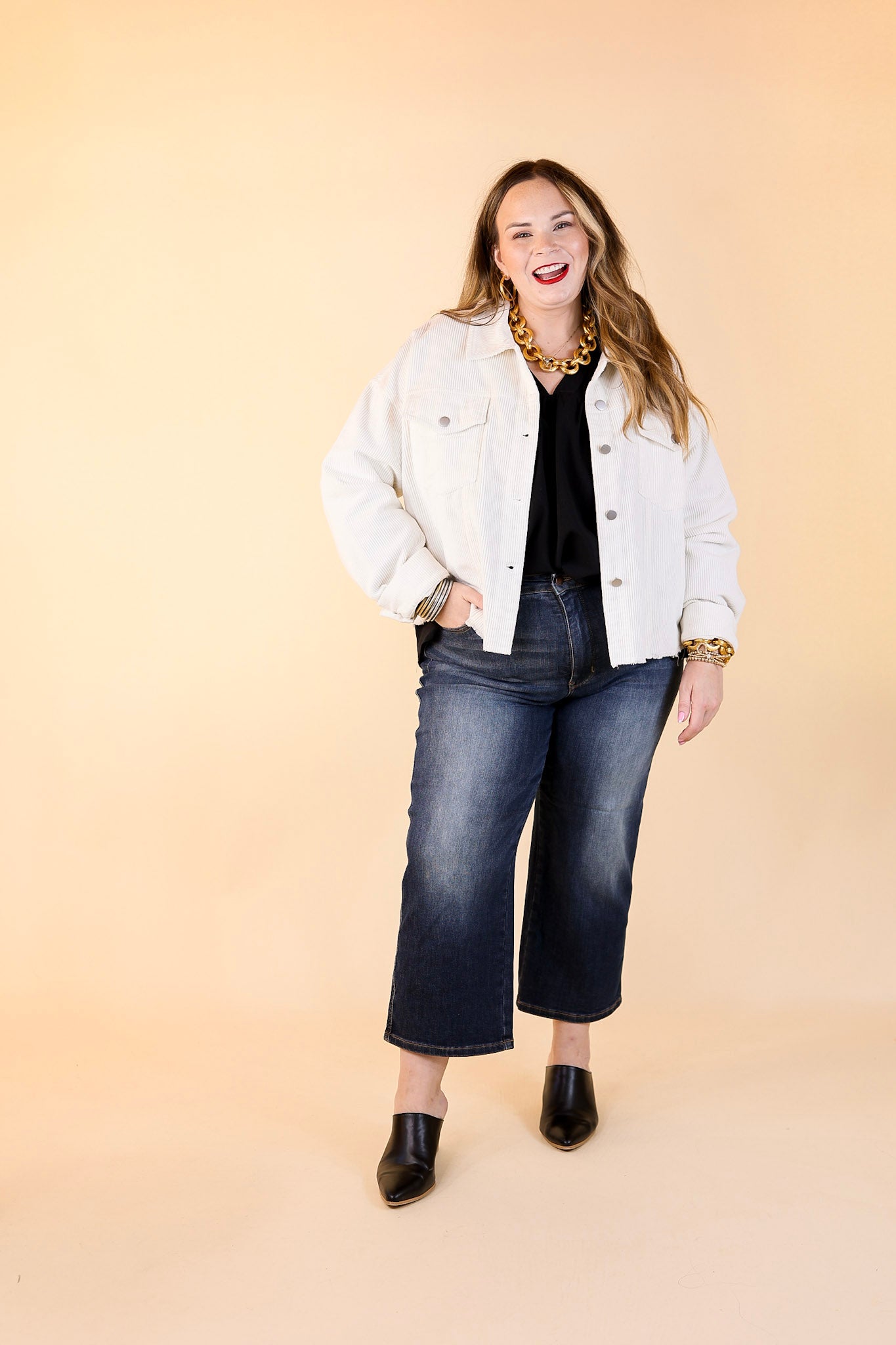 Edgy and Chic Button Up Corduroy Jacket with Raw Hem in Ivory