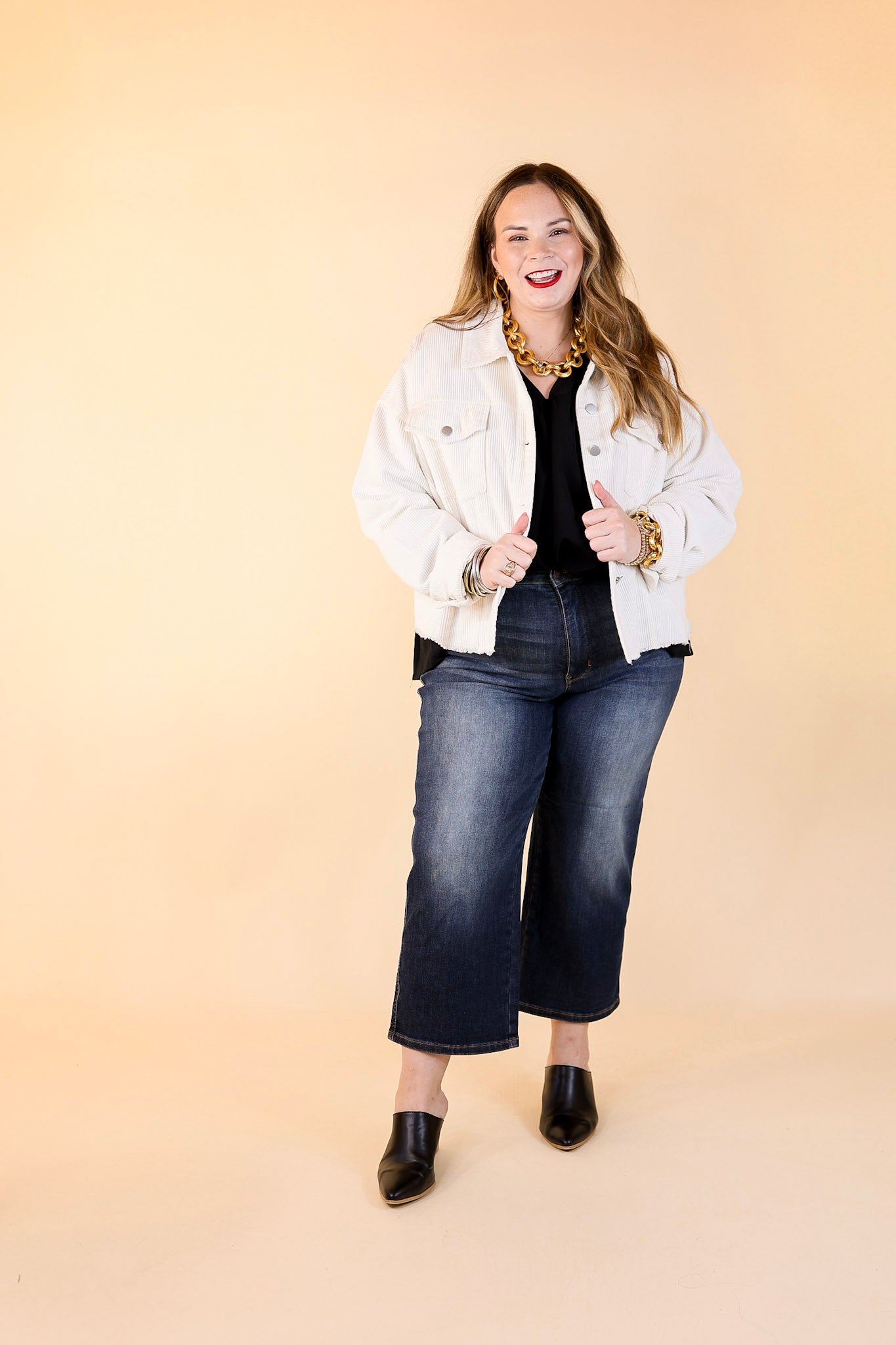 Edgy and Chic Button Up Corduroy Jacket with Raw Hem in Ivory