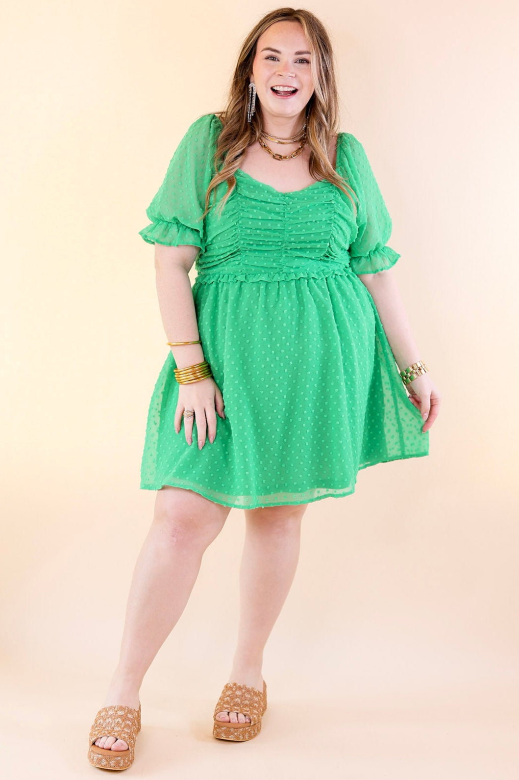 Favorite Adventure Swiss Dot Dress with Short Balloon Sleeves in Green - Giddy Up Glamour Boutique