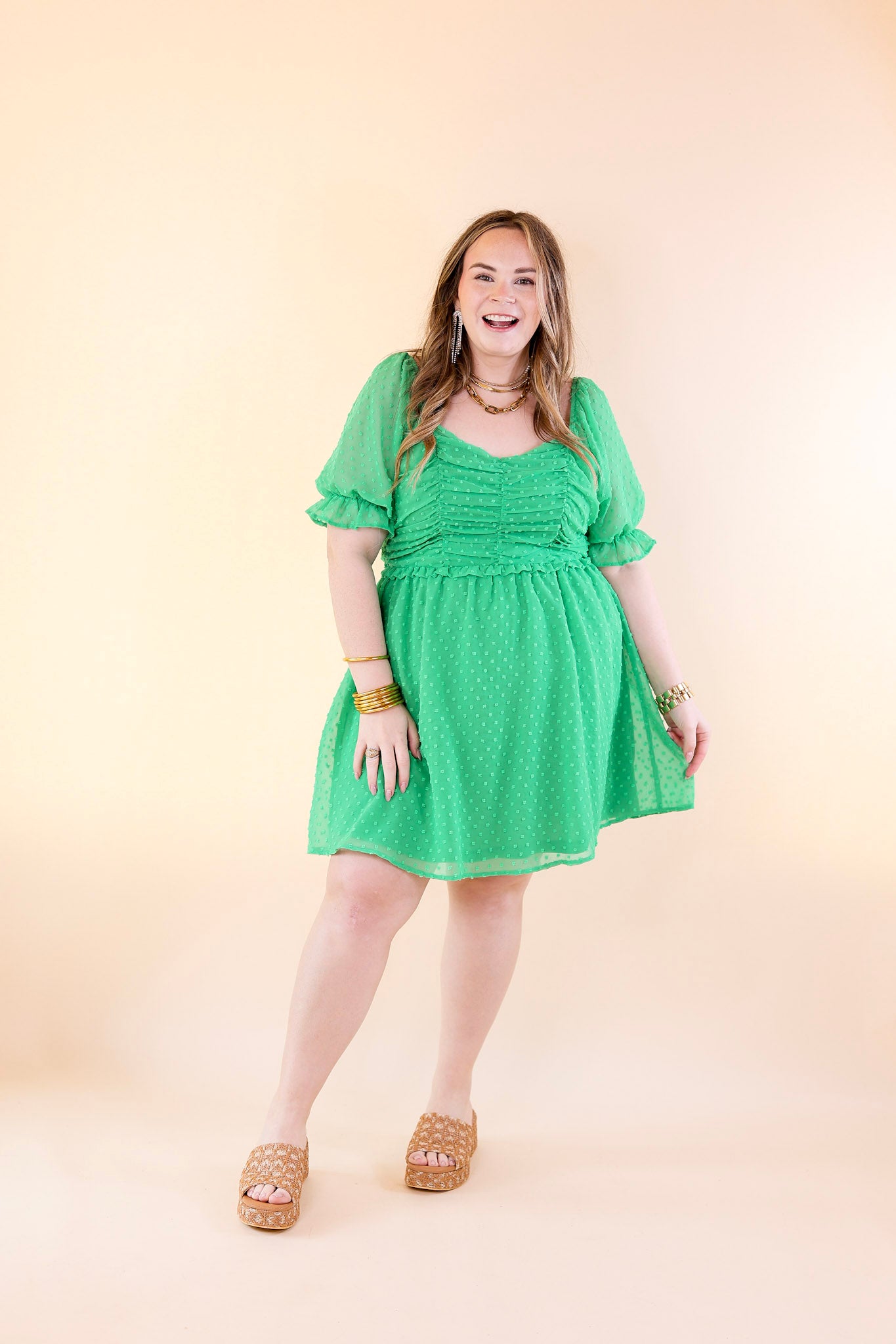 Favorite Adventure Swiss Dot Dress with Short Balloon Sleeves in Green - Giddy Up Glamour Boutique