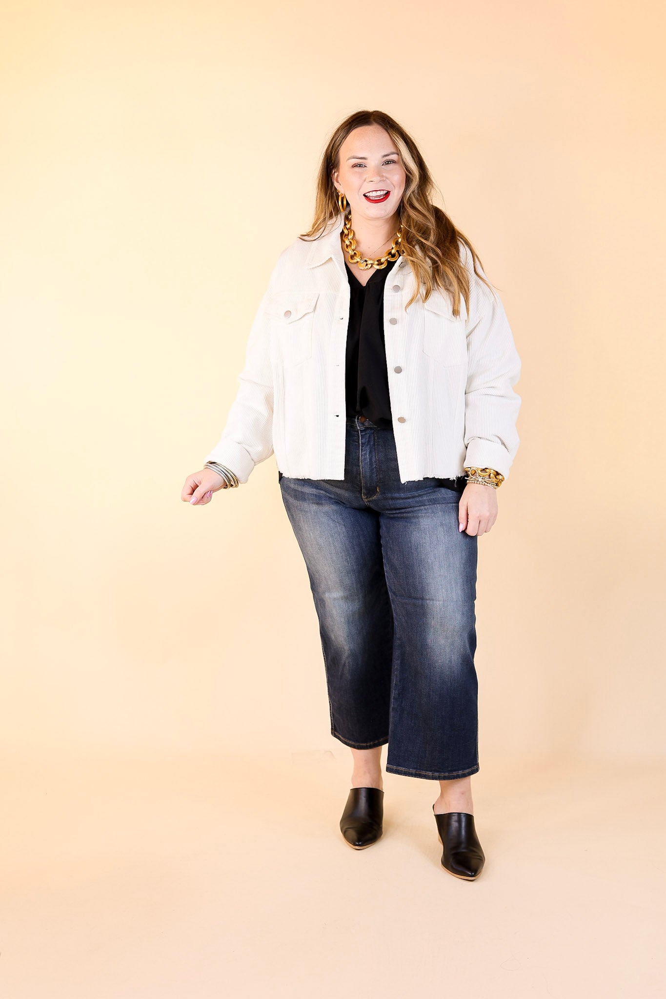 Edgy and Chic Button Up Corduroy Jacket with Raw Hem in Ivory