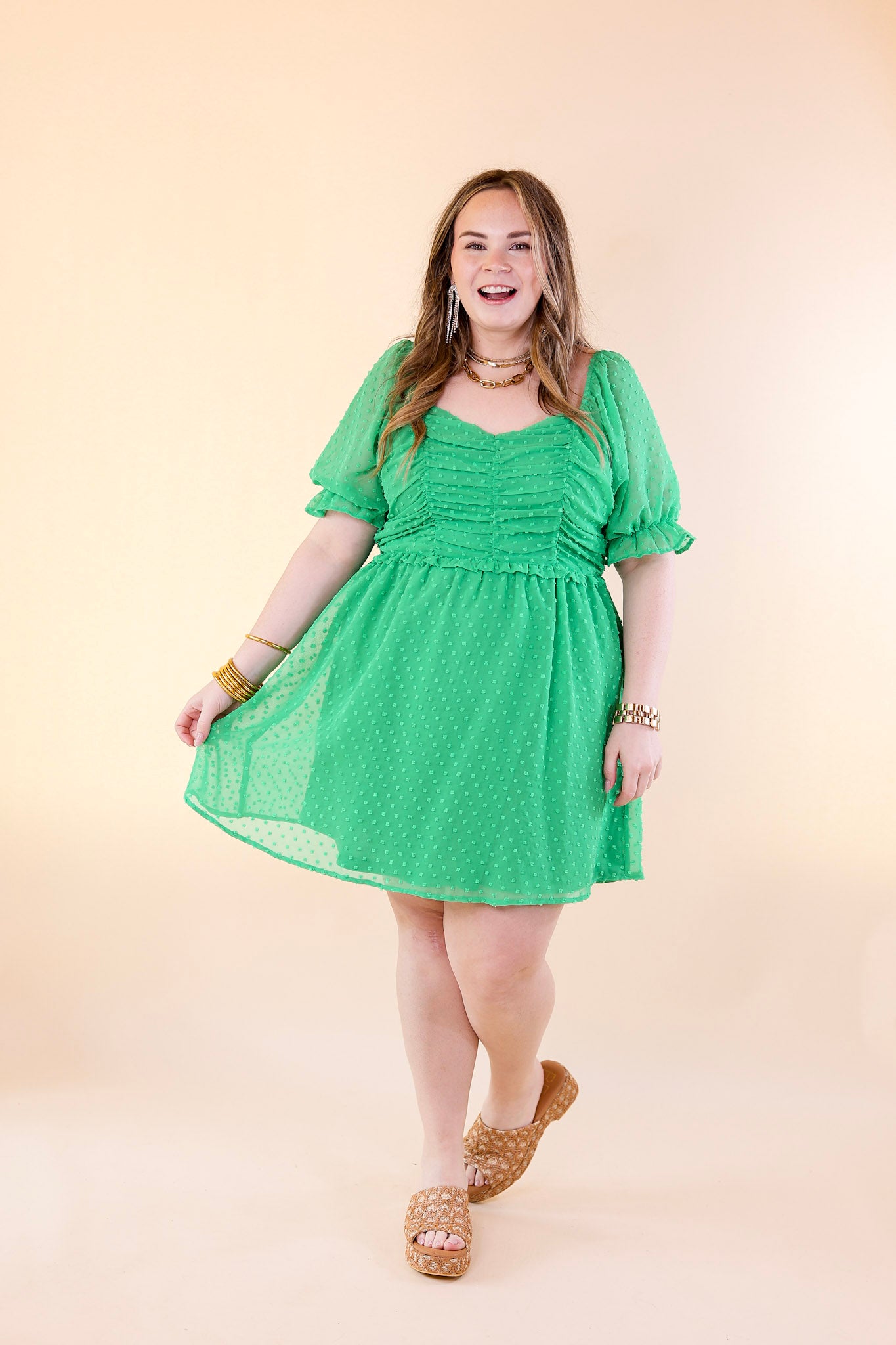 Favorite Adventure Swiss Dot Dress with Short Balloon Sleeves in Green - Giddy Up Glamour Boutique