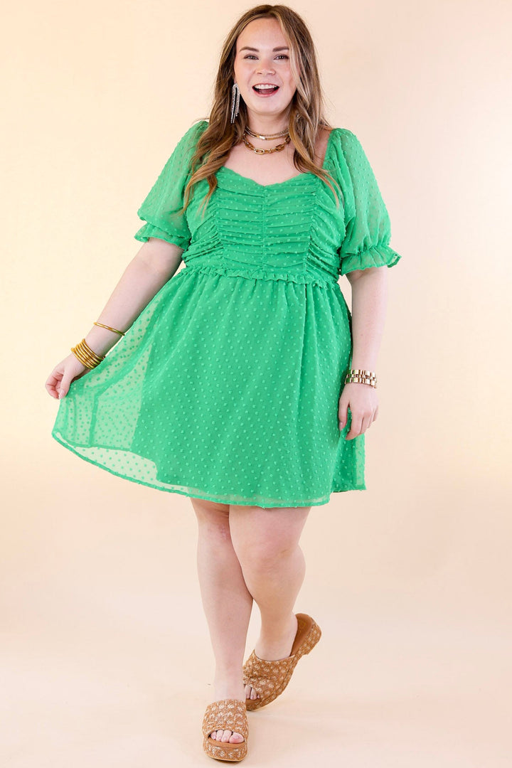 Favorite Adventure Swiss Dot Dress with Short Balloon Sleeves in Green - Giddy Up Glamour Boutique