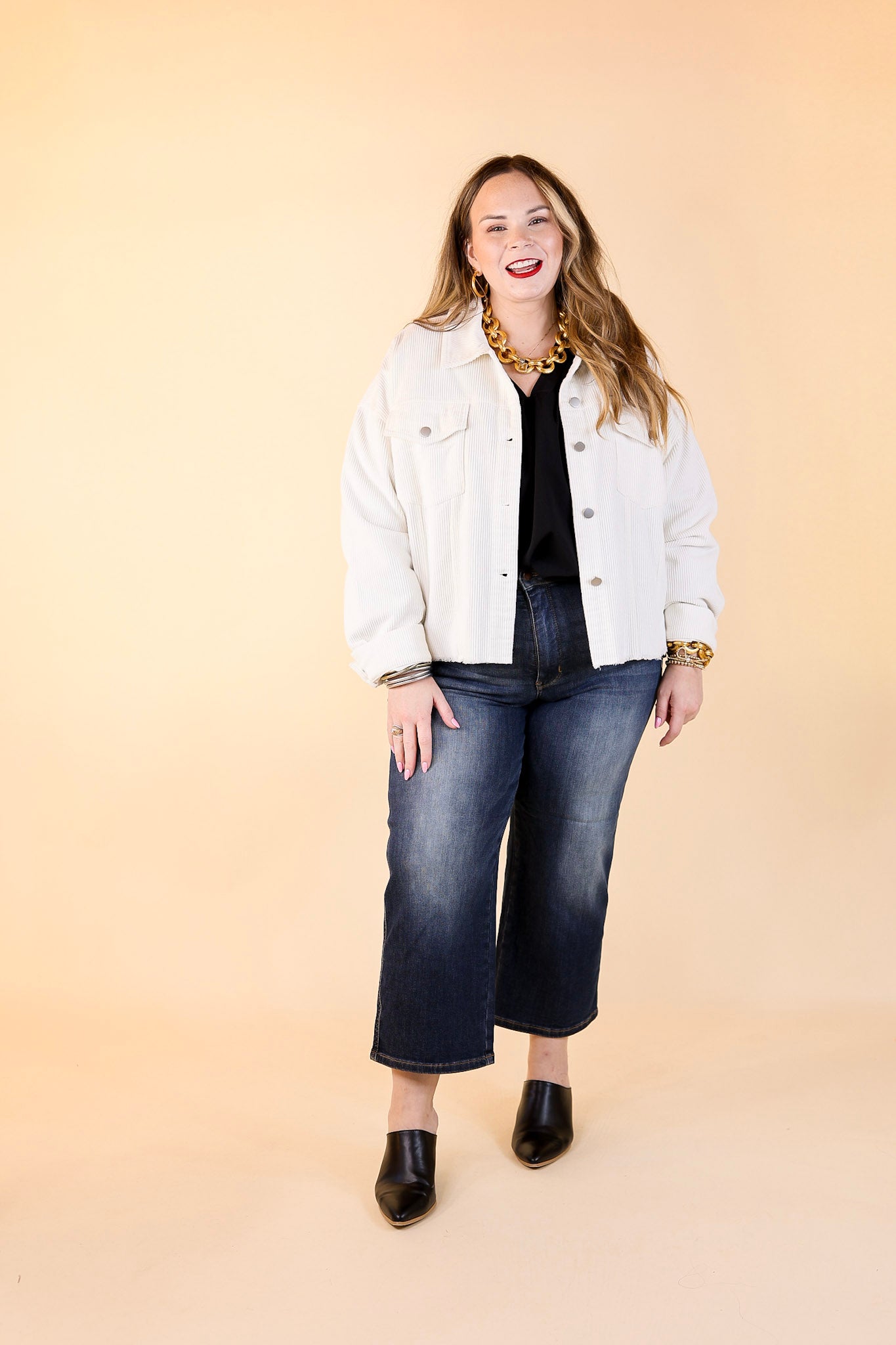 Edgy and Chic Button Up Corduroy Jacket with Raw Hem in Ivory