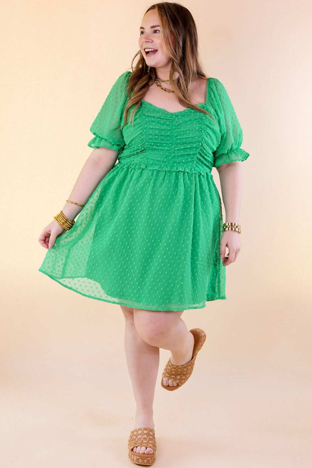 Favorite Adventure Swiss Dot Dress with Short Balloon Sleeves in Green - Giddy Up Glamour Boutique