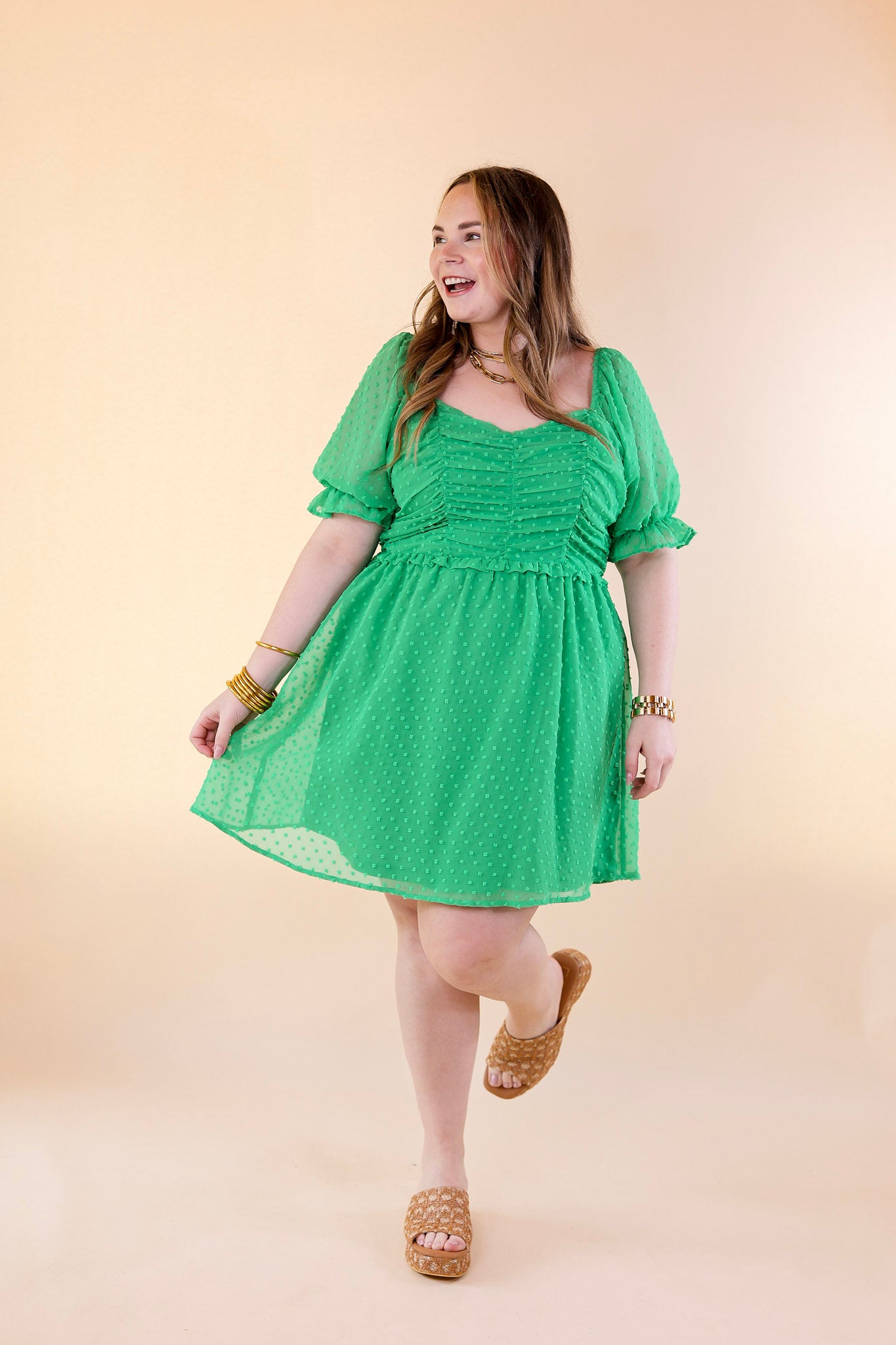 Favorite Adventure Swiss Dot Dress with Short Balloon Sleeves in Green - Giddy Up Glamour Boutique