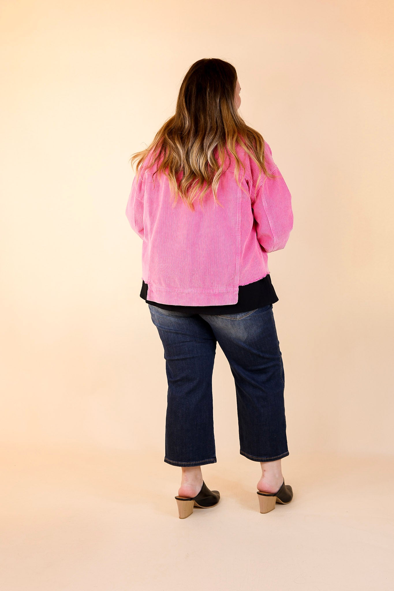 Edgy and Chic Button Up Corduroy Jacket with Raw Hem in Hot Pink