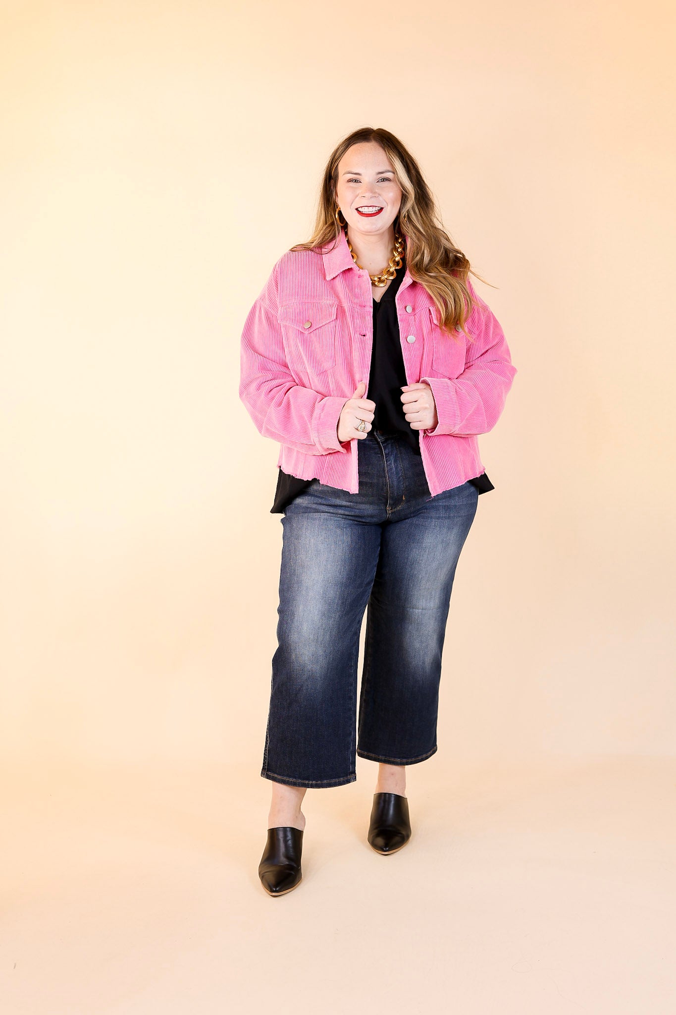 Edgy and Chic Button Up Corduroy Jacket with Raw Hem in Hot Pink