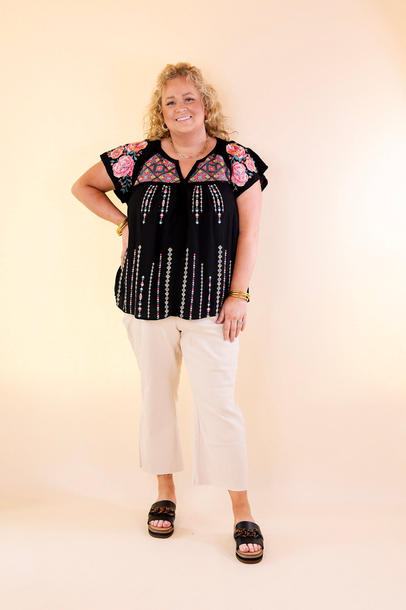 On A Journey Floral Embroidered V Notched Blouse in Black - Giddy Up Glamour Boutique