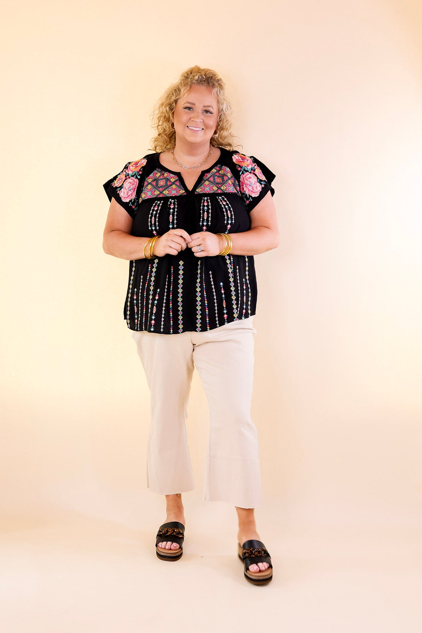 On A Journey Floral Embroidered V Notched Blouse in Black - Giddy Up Glamour Boutique