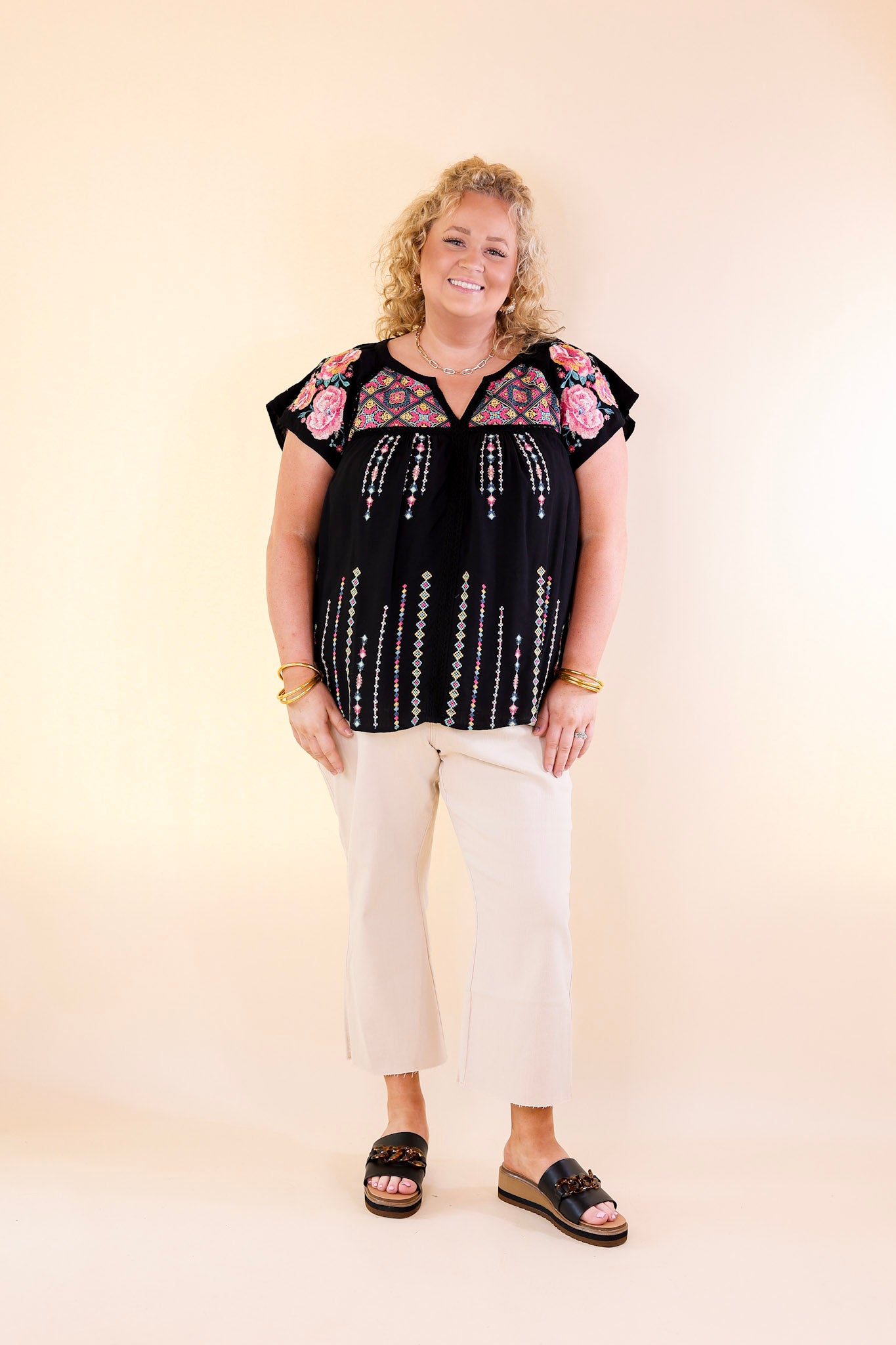 On A Journey Floral Embroidered V Notched Blouse in Black - Giddy Up Glamour Boutique