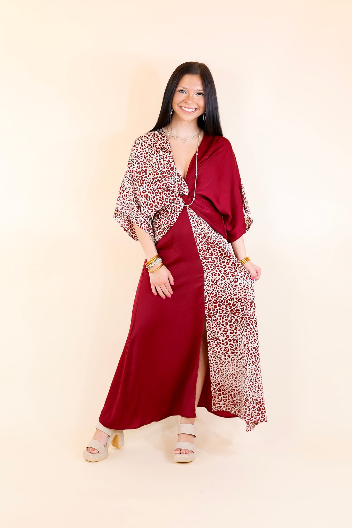 Take My Breath Away Front Knot Leopard Print Block Midi Dress in Maroon