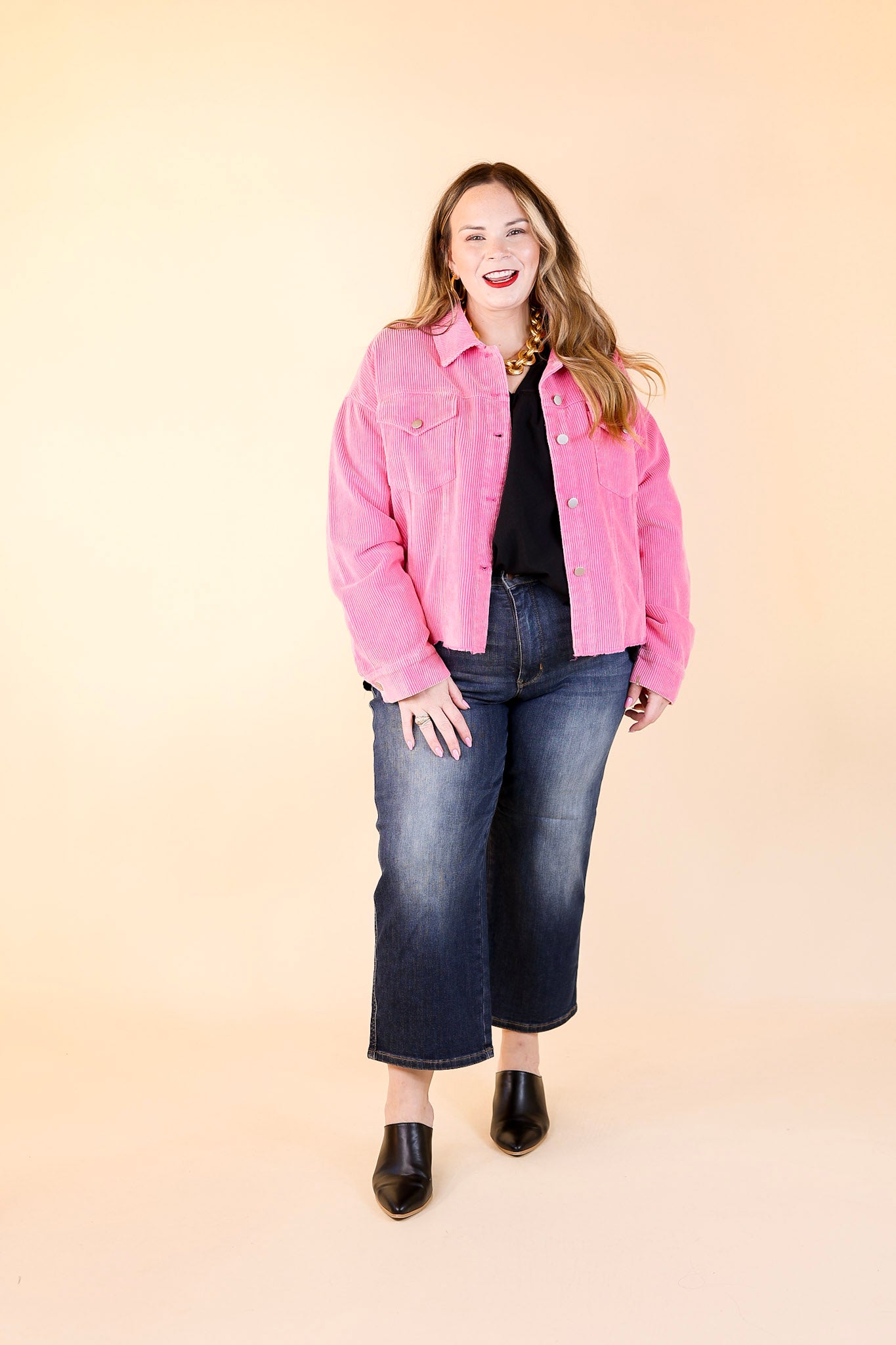 Edgy and Chic Button Up Corduroy Jacket with Raw Hem in Hot Pink