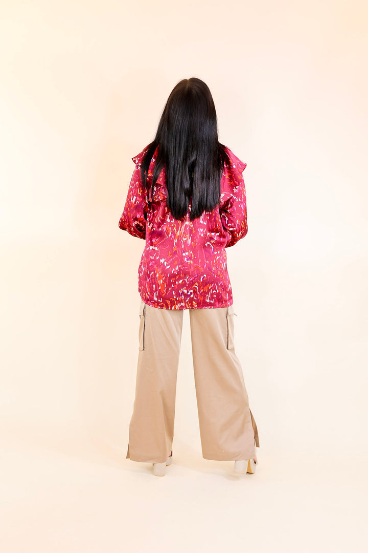 Last Chance Size Small and Large | Sweet Charisma Abstract Print Blouse with Notched Neckline in Maroon