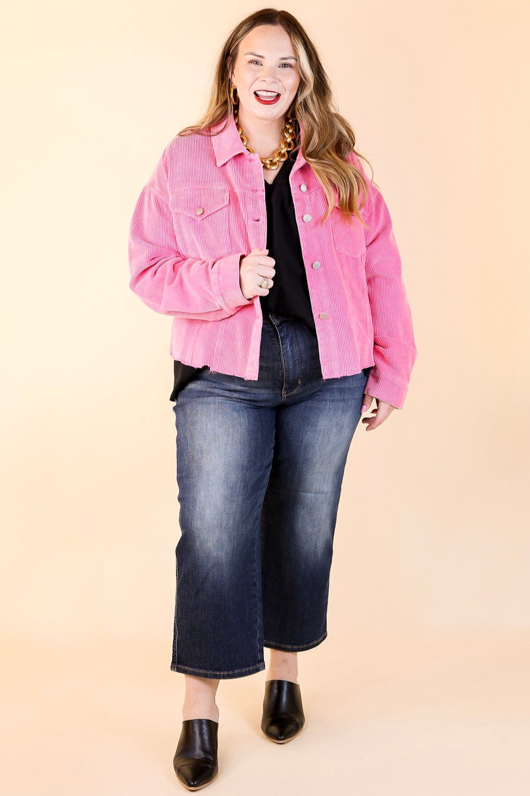 Edgy and Chic Button Up Corduroy Jacket with Raw Hem in Hot Pink