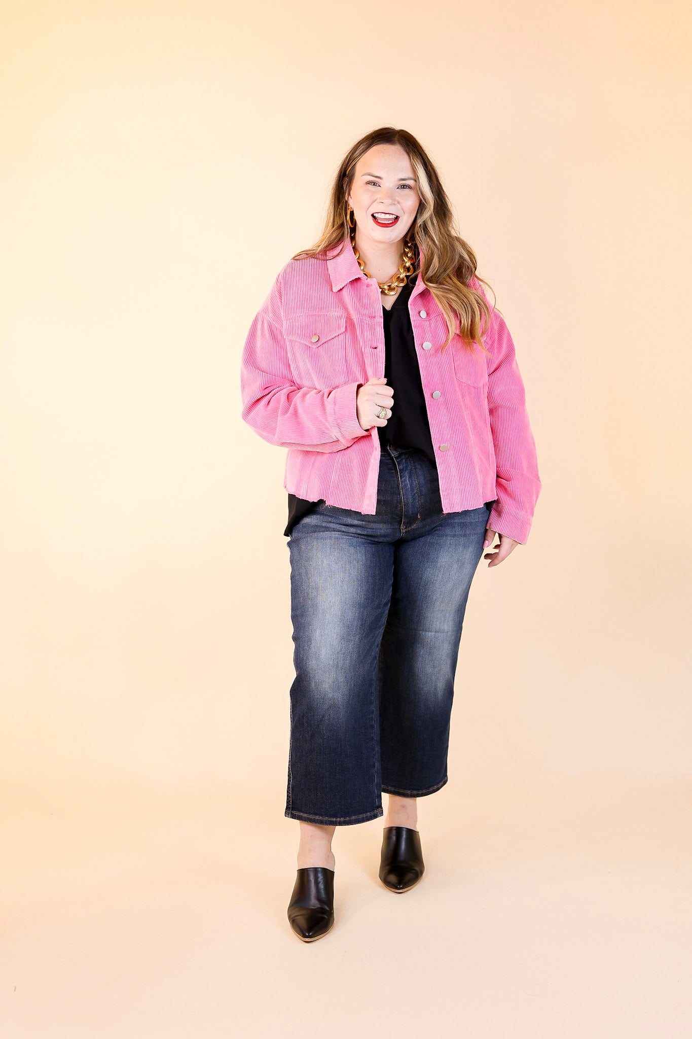 Edgy and Chic Button Up Corduroy Jacket with Raw Hem in Hot Pink