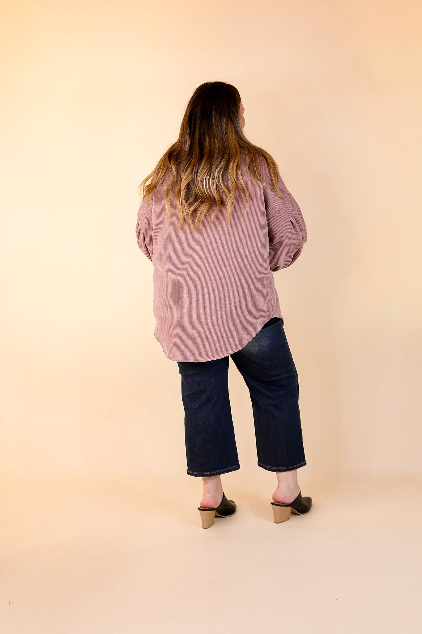 Cute Collab Button Up Corduroy Shacket with Balloon Sleeves in Mauve