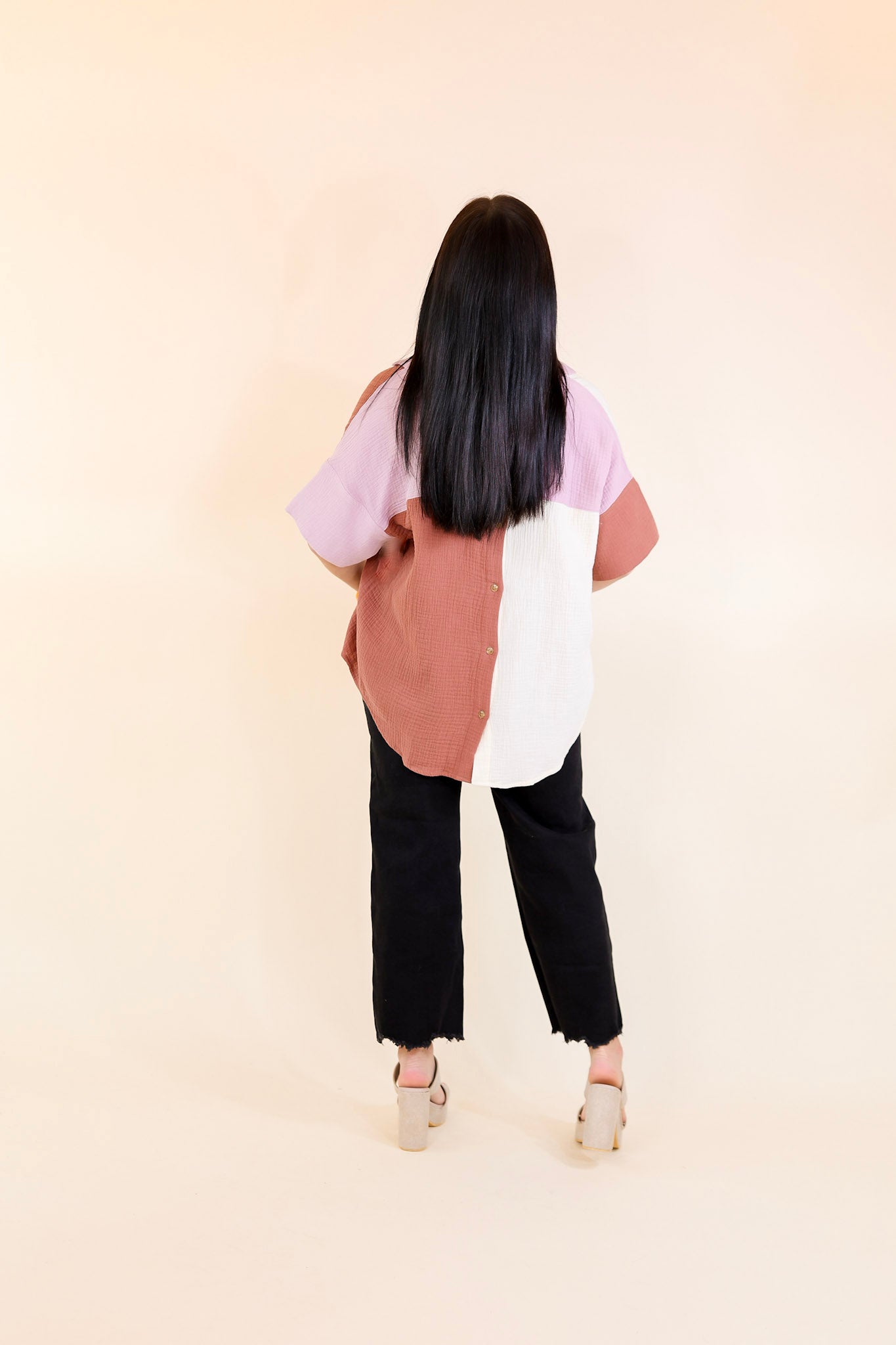 Burst of Joy Collared Color Block Top in Clay Mix