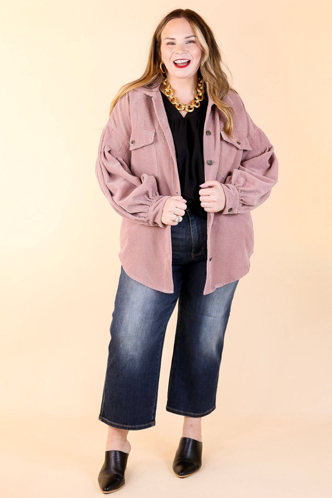 Cute Collab Button Up Corduroy Shacket with Balloon Sleeves in Mauve