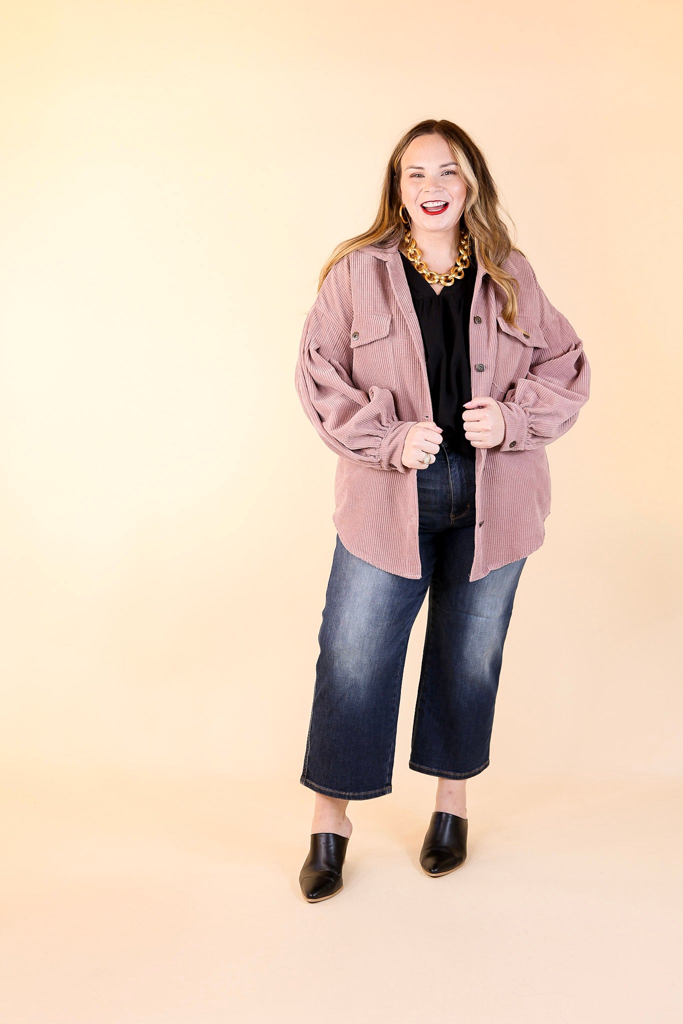 Cute Collab Button Up Corduroy Shacket with Balloon Sleeves in Mauve