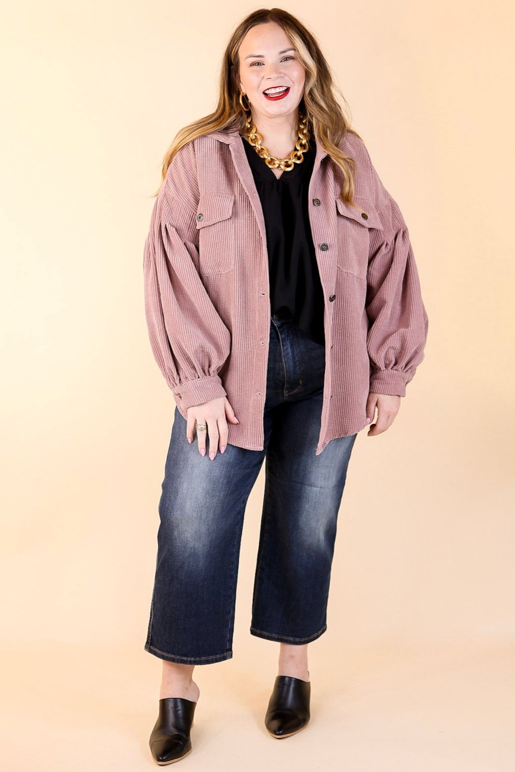 Cute Collab Button Up Corduroy Shacket with Balloon Sleeves in Mauve