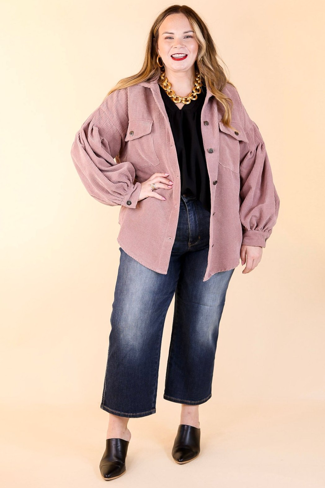 Cute Collab Button Up Corduroy Shacket with Balloon Sleeves in Mauve